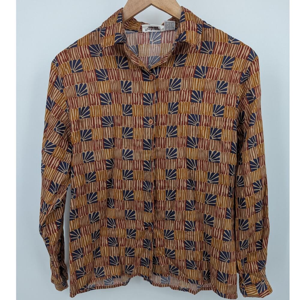 1970s Long Sleeve Collared Geometric Print Button Down Rayon Top S/M Weathervane